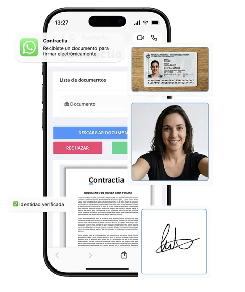 Celular con un documento recibido por WhatsApp para firmar electrónicamente con Contractia, con validación de identidad y firma
