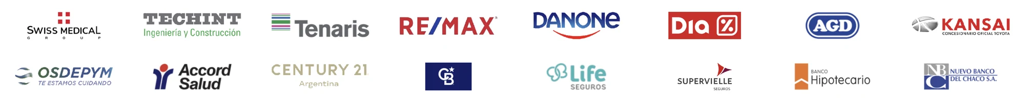 Swiss Medical, Techint, Tenaris, RE/MAX, Danone, Dia, AGD, Kansai, Osdepym, Accord Salud, Century 21, Coldwell Banker, Life Seguros, Supervielle Seguros, Banco Hipotecario y Nuevo Banco del Chaco